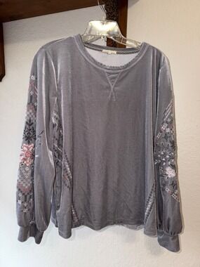 Gray velvet sweater with floral embroidery cottagecore granny